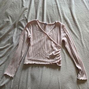 Old Navy Light Pink Ribbed Wrap-Front Long Sleeve Top